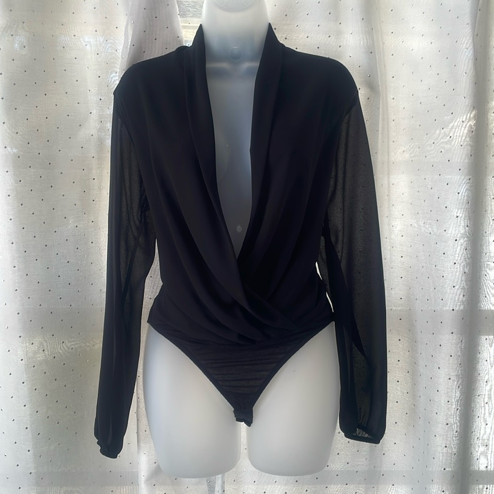 Boohoo black thong bodysuit with sheer long sleeves
